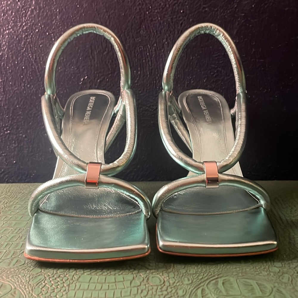 Bottega Veneta icy moon blue reflection nappa leather square toe sandals, 39.5